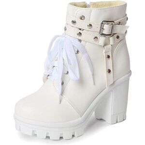 Meotina Women Chunky White Microfiber High Heel Rivets Platform Ankle Bootie
